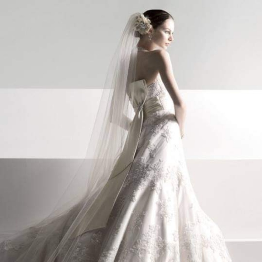 Oleg Cassini allover lace a-line halter ivory